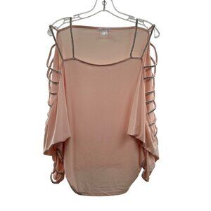 VENUE Square Neck Top Women's Size Medium Peach Rhinestone Ladder Long Sleeve